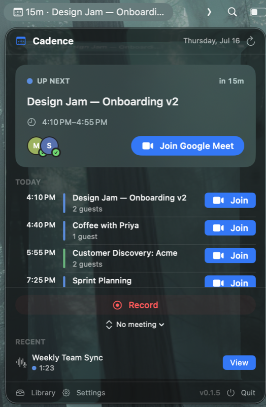 Own My Cadence menu bar panel